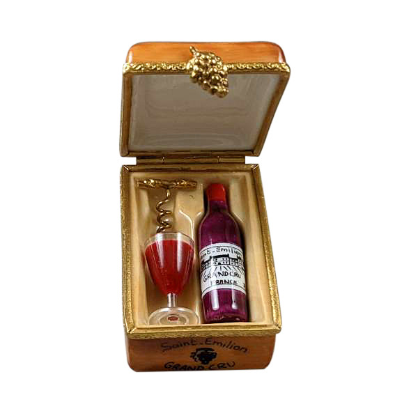 BOURDEAUX TASTING CRATE WITH 1 BOTTLE, 1 GLASS AND CORK SCREW Limoges Box