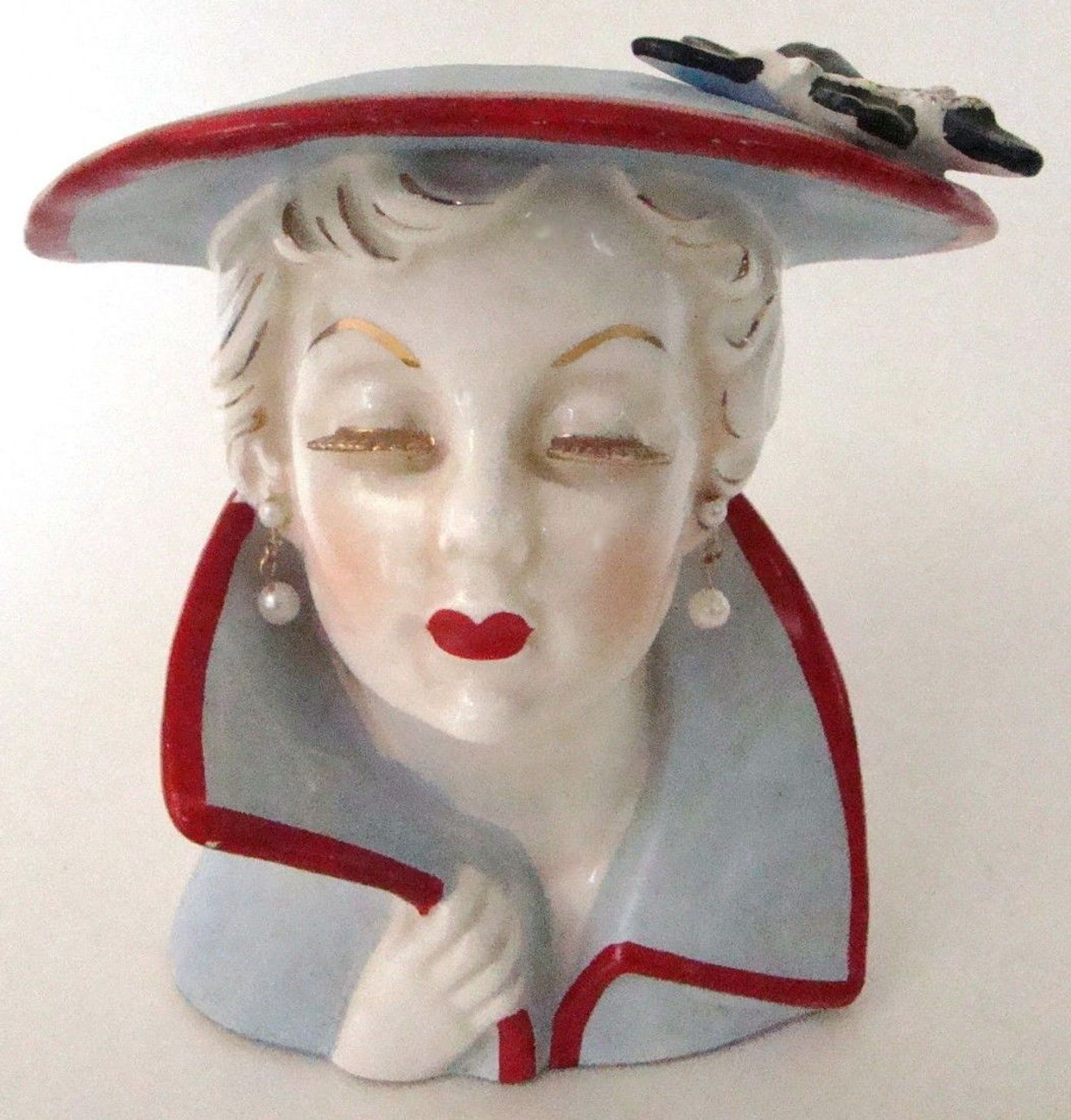 Vintage Lady Head Vase Rare Gold Ceramic Eyelash Gal in Hat w/ Flower (HV-XMASGOLDEYELASH)