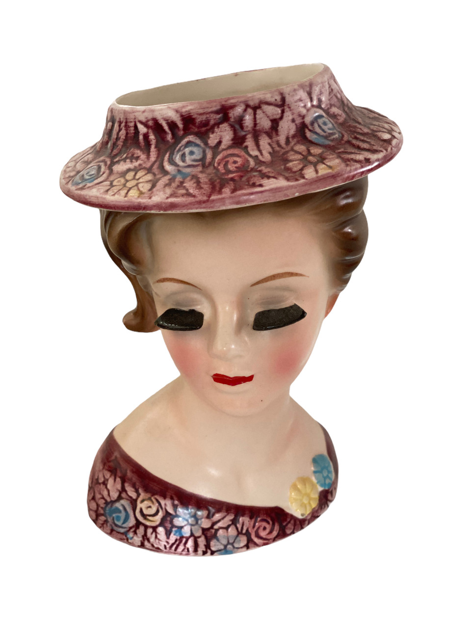 Vintage Lady Head Vase Pink Floral Sculpted Dress and Hat