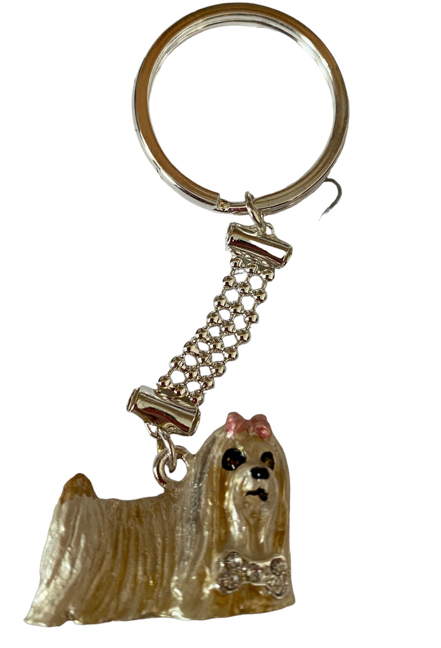 Maltese Dog Enamel Keyring with Crystals