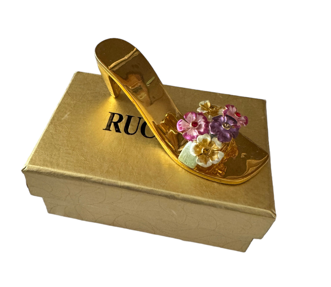 RUCINNI Jeweled Gold Heel Red Pink Mule Shoe with Jeweled Flowery Strap