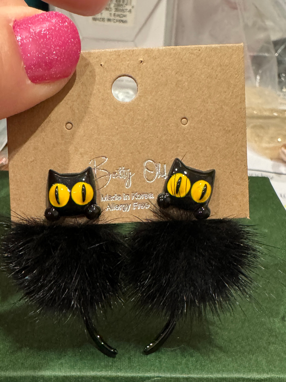 Black Cat Fur Body Dangle Tail Earrings