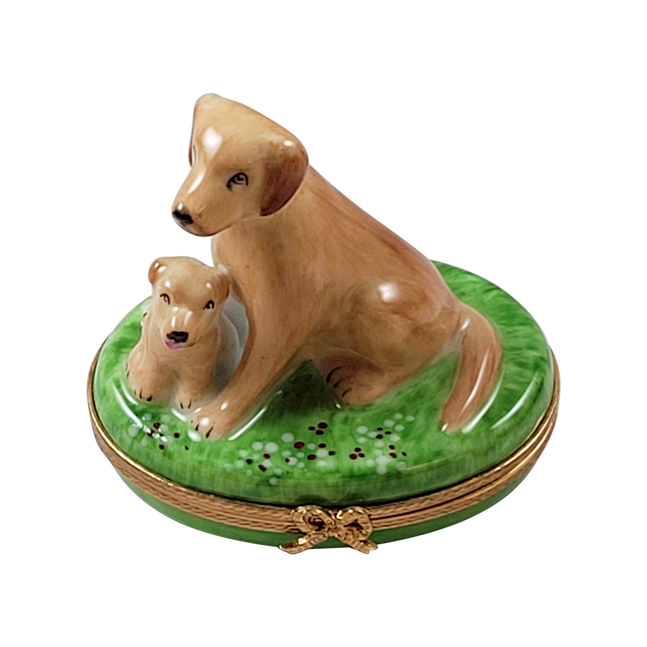 SITTING YELLOW LAB & PUPPY AND REMOVABLE BONE Rochard Limoges Box RD083