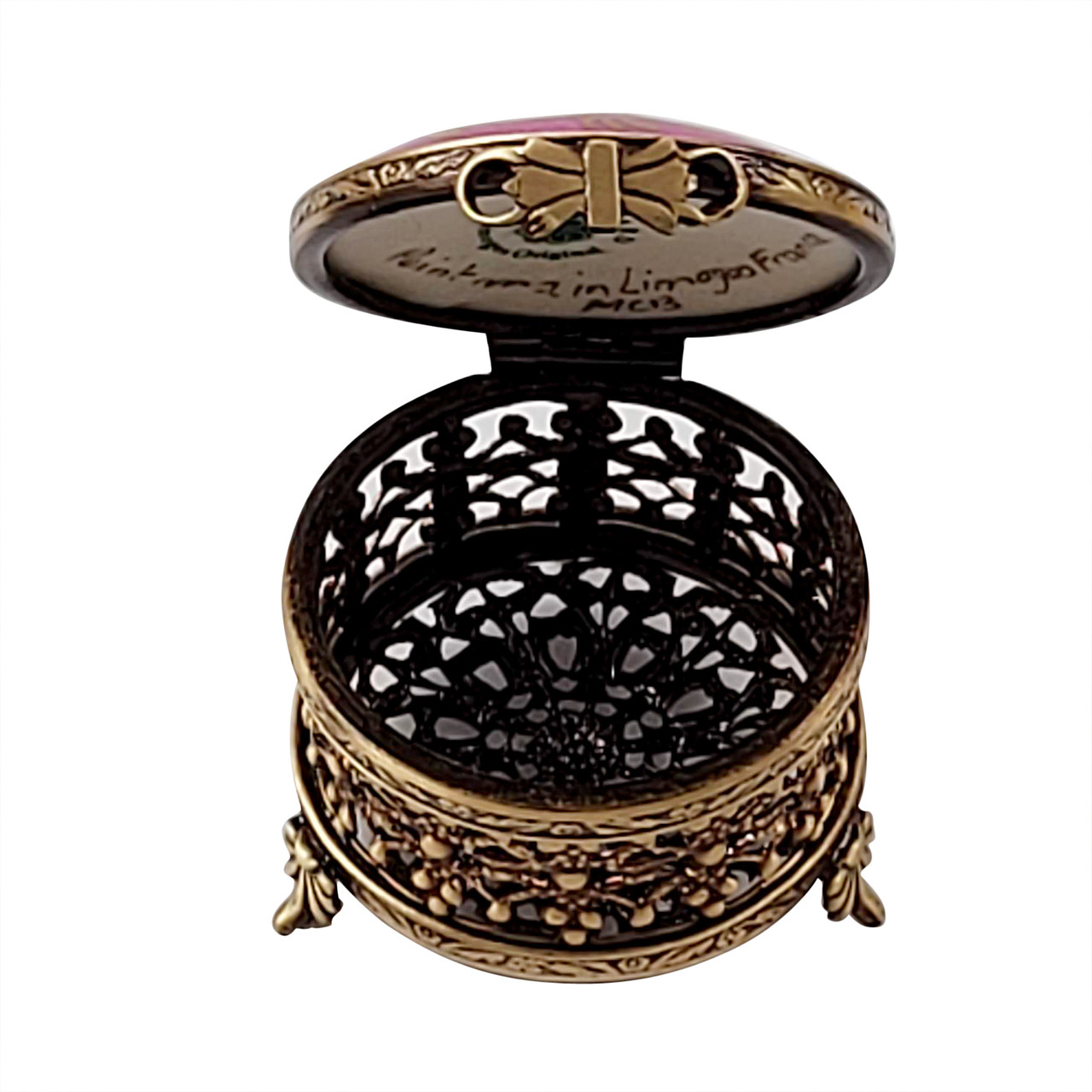 SMALL ROUND PINK WITH FLOWERS AND ORNATE BRASS Rochard Limoges Box RE007