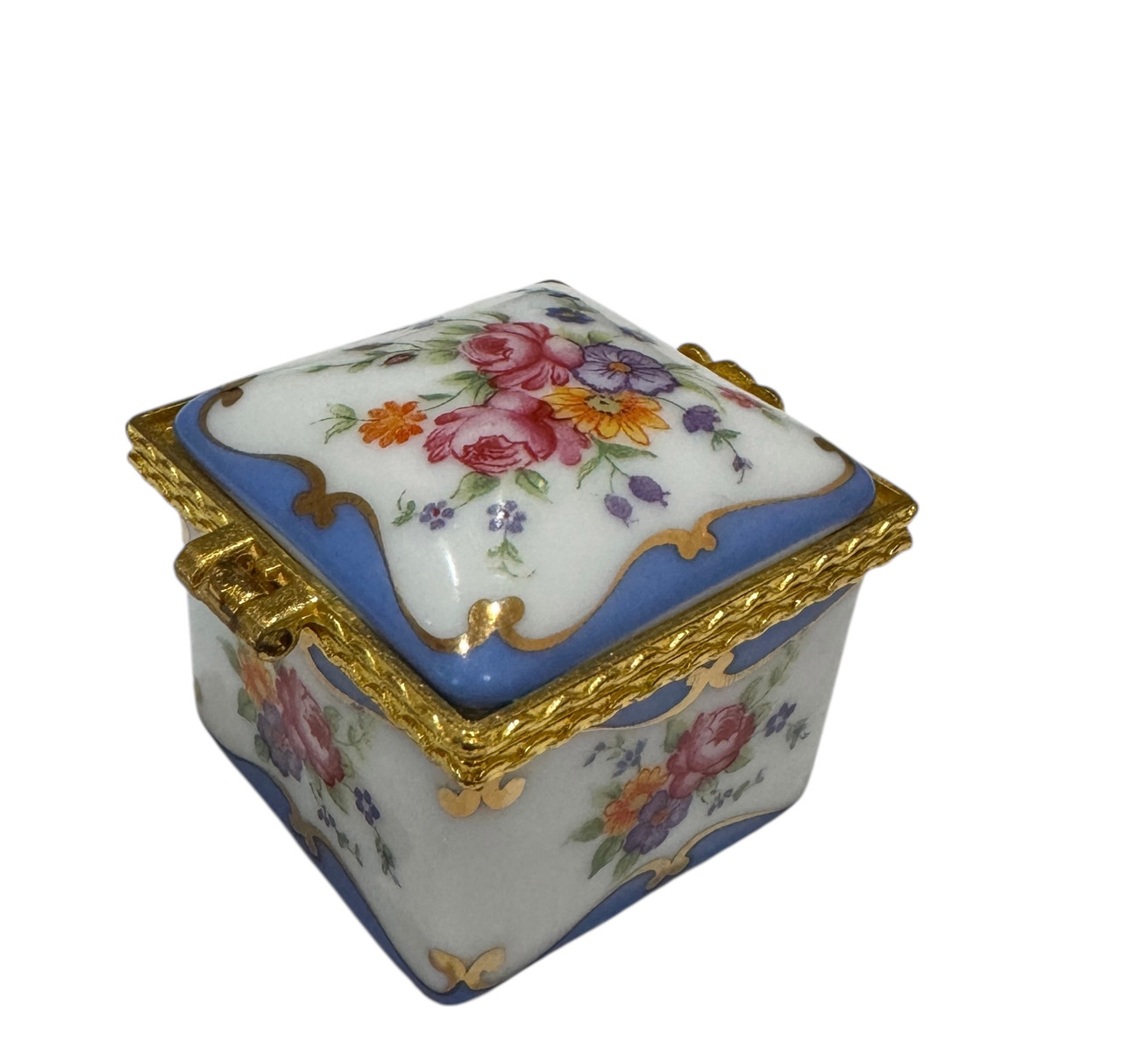Porcelain Hinged Box - Floral Trunk Double Heart Clasp Trinket Box (HB16497-2)