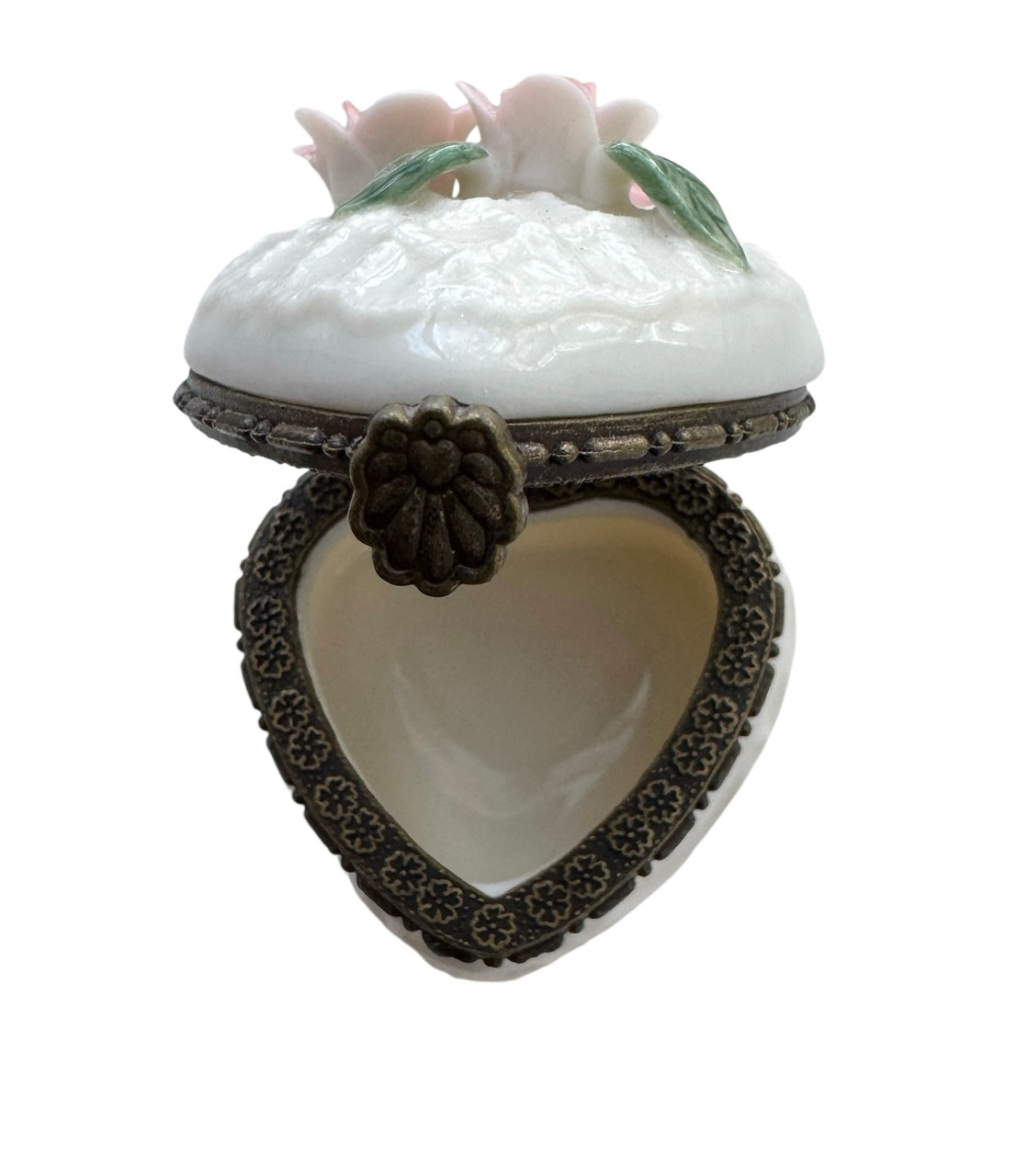 Porcelain Hinged Box - Katherine's Collection White heart shape PINK flowers (KA-19-90044HEART-PINK)