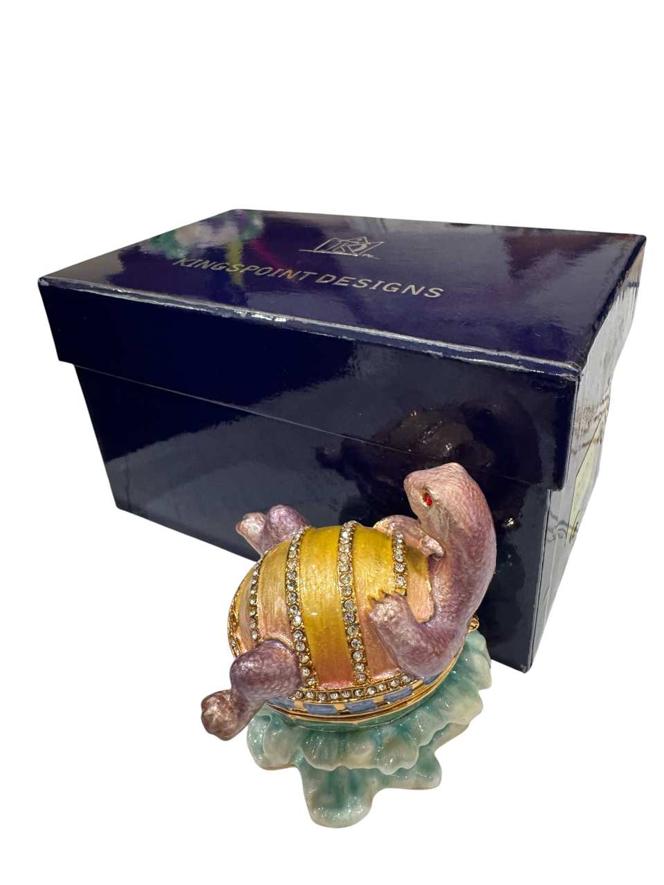 Jeweled Big Belly Turtle Enamel Trinket Box with matching necklace