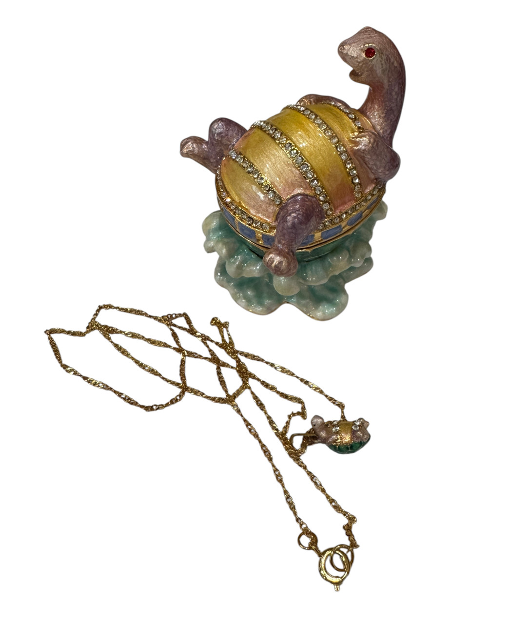 Jeweled Big Belly Turtle Enamel Trinket Box with matching necklace