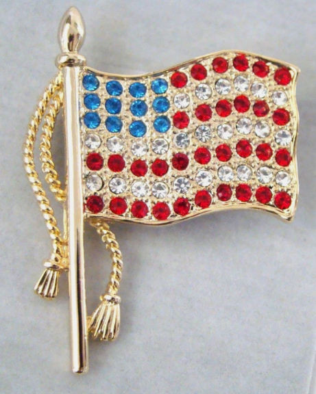 USA Jeweled Waving Flag and Tassel Brooch Pin