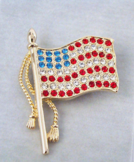 USA Jeweled Waving Flag and Tassel Brooch Pin