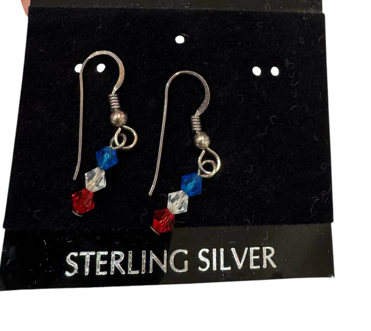 Patriotic Dangle 4mm Beaded Earrings Red White and Blue