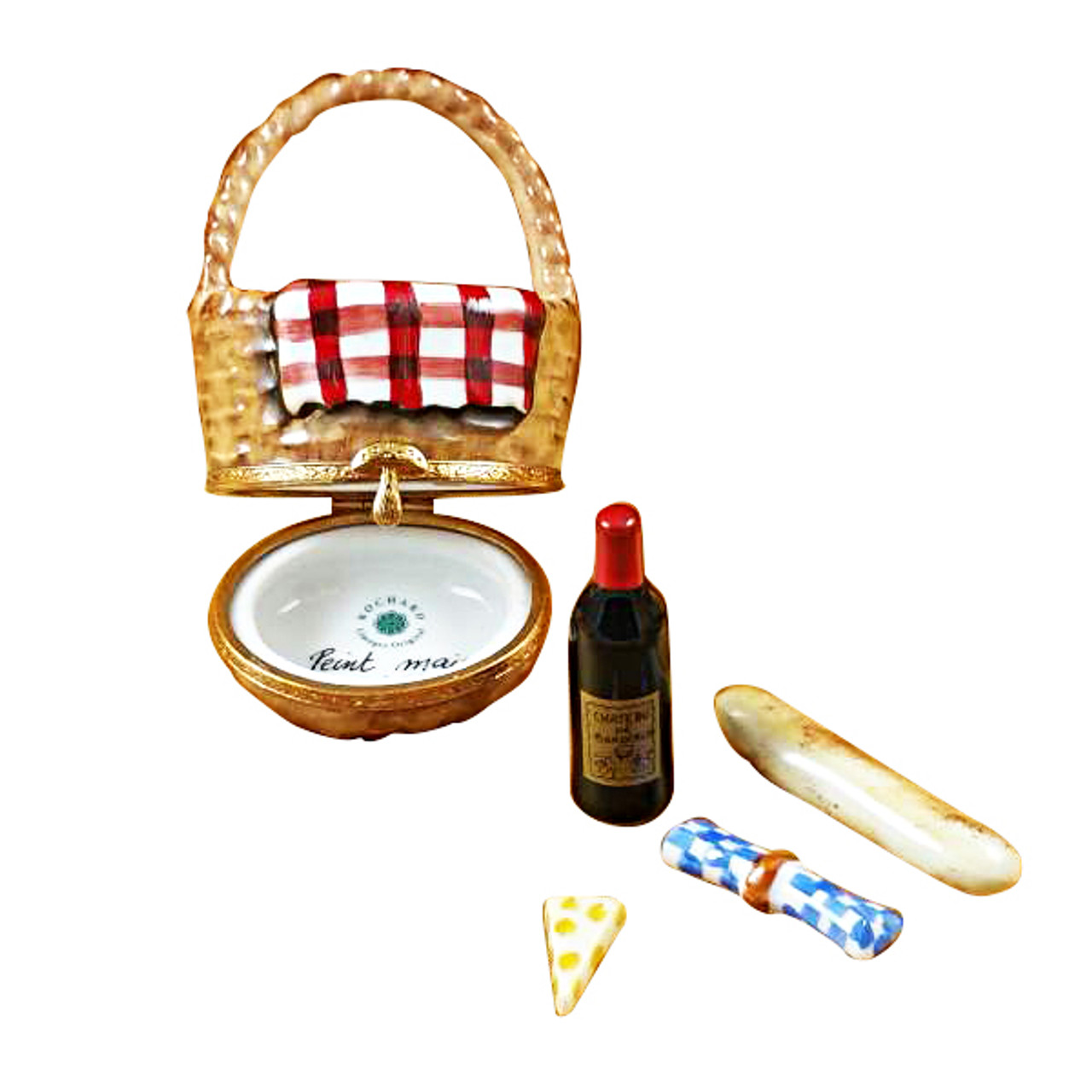 Picnic Basket W/Wine, Bread, Cheese & Napkin Rochard Limoges Box