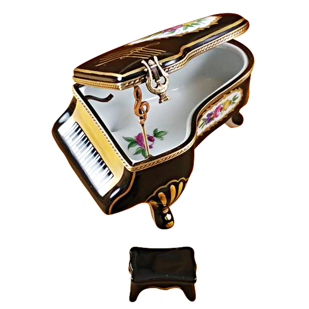 Grand Piano Floral With Porcelain Bench Rochard Limoges Box