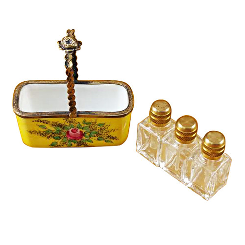 Limoges Imports Yellow Basket W/3 Bottles Limoges Box