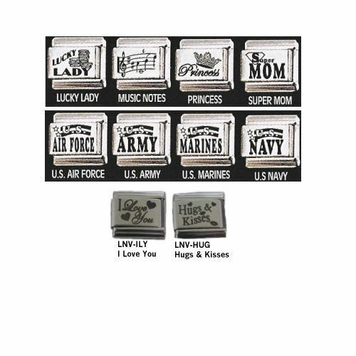Stainless Steel 9MM Italian Charms Etched Army Navy Marines Air Force Hugs