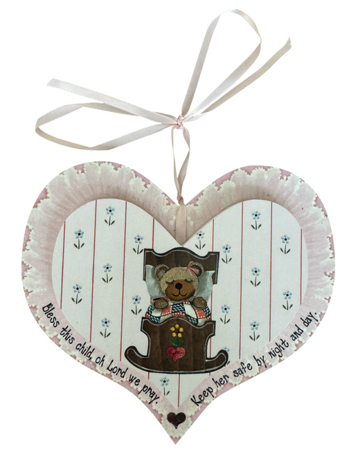 Wood Heart Bless this child on pink