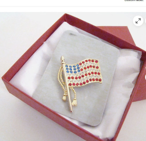 USA Jeweled Waving Flag and Tassel Brooch Pin