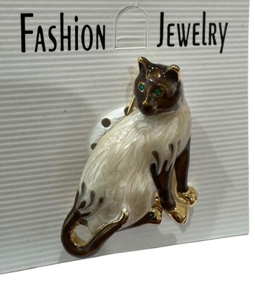 Fashion Jewelry - Siamese Cat with Jeweled Eyes Brooch Pin