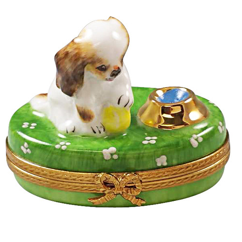 Spaniel Puppy With Ball And Bowl Of Water Rochard Limoges Box