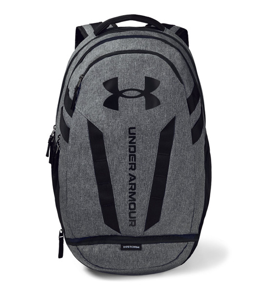 UA Hustle 5.0 Backpack with water-resistant construction, multiple storage compartments, and comfortable shoulder straps for everyday use.