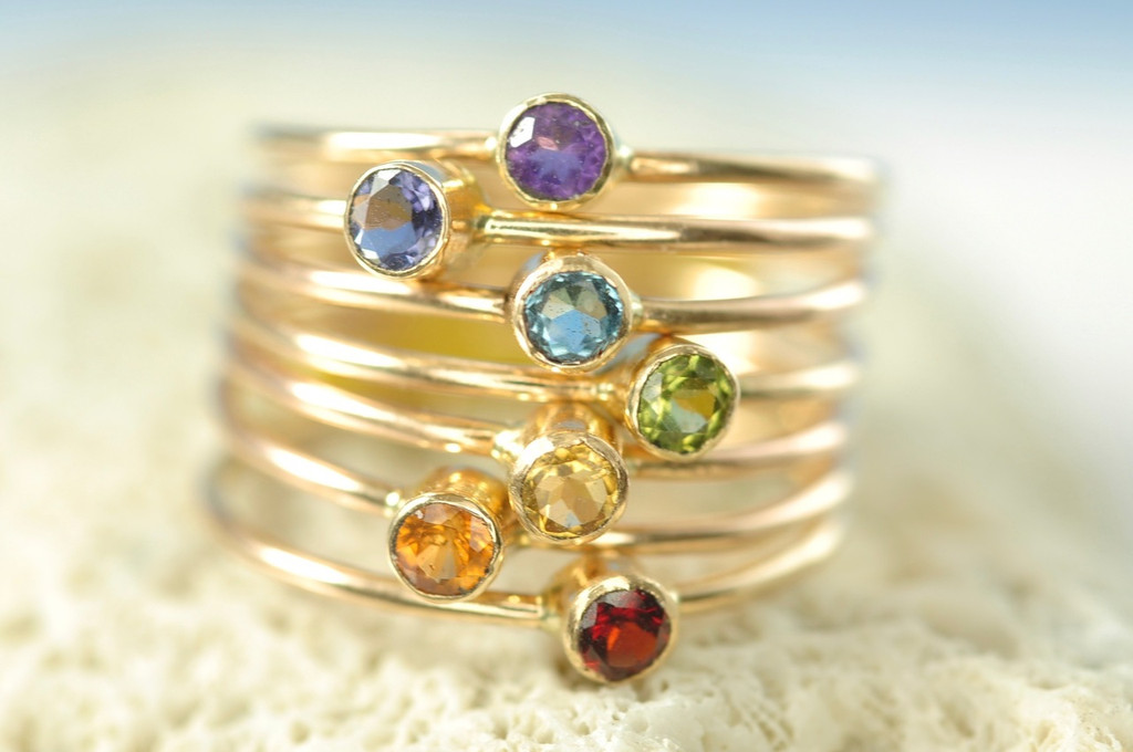 14k gold Rainbow stacking ring set, chakra rings natural gemstones