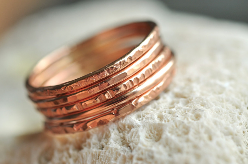 skinny textured stacking ring set of 5 in 14k rose gold filled
