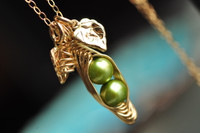 custom peapod necklace with green pearl in 14k gold filled with initial leaves / muyinjewelry.com