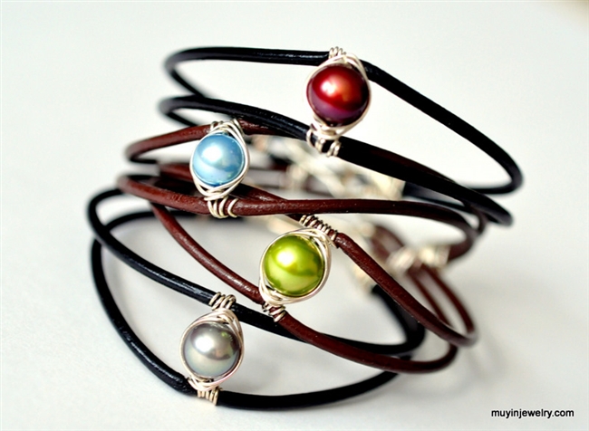 pearl and leather cuff bracelet - choose from 22 colors - Mu-Yin