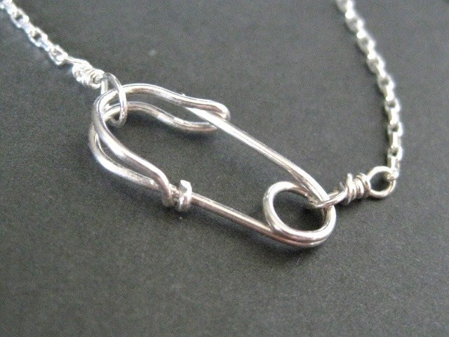 SAFETY PIN front clasp necklace in sterling silver -- wear by