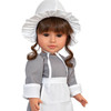 Brown-haired 18-inch doll wearing a grey Pilgrim dress with white apron, ruffled bonnet, and silver shoes against a white background.