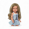 18 inch Kennedy and Friends doll wearing a black and white polka dot dress with Eiffel Tower design and white sandals.
