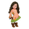 My Brittany's® woodland fox outfit for 18-inch dolls featuring an orange and ivory striped dress with embroidered woodland animals, plush fox critter, ivory knee-high socks, and camel faux fur boots. Displayed on the Kennedy and Friends® F3 sculpt doll. Compatible with Kennedy and Friends®, American Girl®, Our Generation®, and My Life As® dolls.