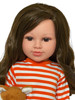 My Brittany's® woodland fox outfit for 18-inch dolls featuring an orange and ivory striped dress with embroidered woodland animals, plush fox critter, ivory knee-high socks, and camel faux fur boots. Displayed on the Kennedy and Friends® F3 sculpt doll. Compatible with Kennedy and Friends®, American Girl®, Our Generation®, and My Life As® dolls.