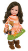 My Brittany's® woodland fox outfit for 18-inch dolls featuring an orange and ivory striped dress with embroidered woodland animals, plush fox critter, ivory knee-high socks, and camel faux fur boots. Displayed on the Kennedy and Friends® F3 sculpt doll. Compatible with Kennedy and Friends®, American Girl®, Our Generation®, and My Life As® dolls.