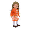 My Brittany’s Fall Favorites advertisement featuring an 18-inch doll wearing an orange-and-white striped fall dress with white tights and brown Mary Jane shoes, posed on an autumn porch surrounded by pumpkins and fall leaves.