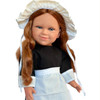 Red-haired 18-inch doll modeling My Brittany’s black Pilgrim outfit with a white apron, ruffled bonnet, and black shoes.