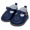Navy Mary Jane shoes for 18 inch dolls with floral cutout design and adjustable strap, classic doll footwear accessory for American Girl size dolls