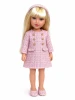 Evia's World® 14-inch doll wearing a pink tweed coat dress with matching headband, ballet flats, and white handbag. Boutique-style doll outfit fits Evia's World®, Lorelei and Friends®, and other compatible 14-inch fashion dolls including Paola Reina® dolls. Classic designer-inspired doll clothing for collectors and imaginative play.