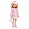 Evia's World® 14-inch doll wearing a pink tweed coat dress with matching headband, ballet flats, and white handbag. Boutique-style doll outfit fits Evia's World®, Lorelei and Friends®, and other compatible 14-inch fashion dolls including Paola Reina® dolls. Classic designer-inspired doll clothing for collectors and imaginative play.