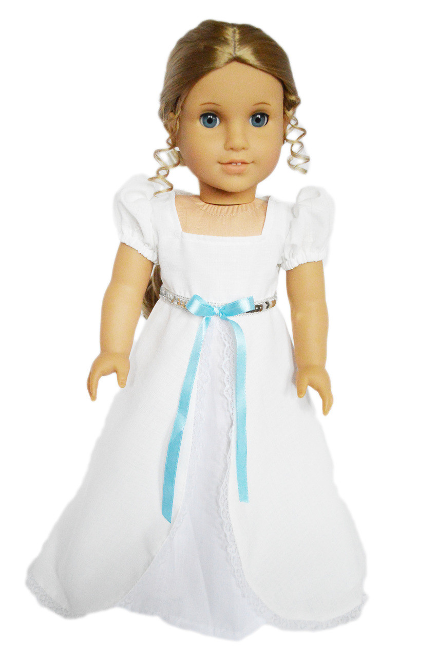 Victorian Gown for 18-Inch Dolls: White Elegance with Blue Sash Victorian Gown for 18-Inch Dolls: White Elegance with Blue Sash