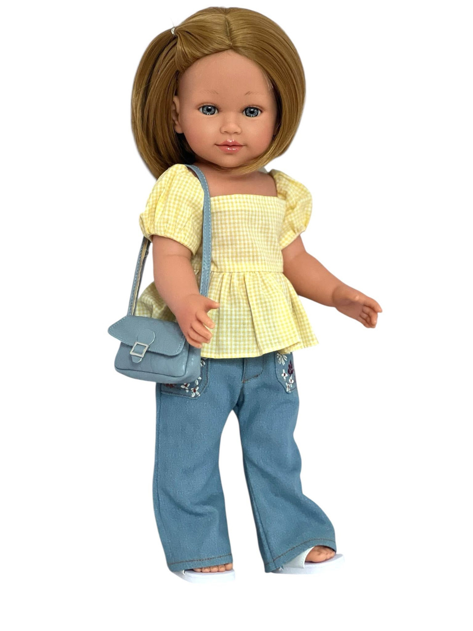 Yellow Gingham Top and Denim Pants Outfit with Purse – Fits 18