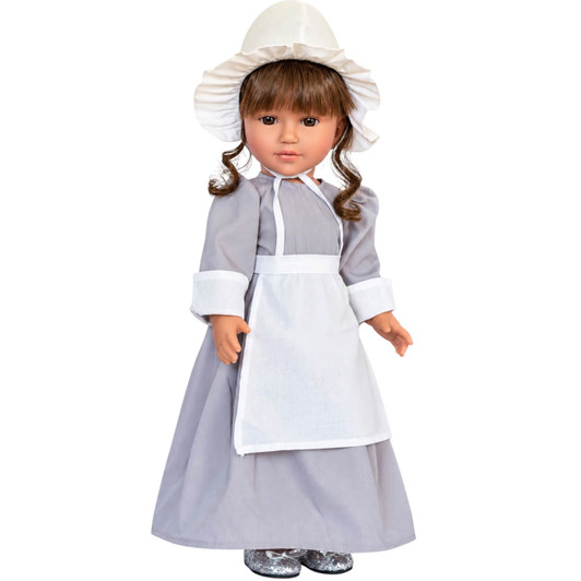 Brown-haired 18-inch doll wearing a grey Pilgrim dress with white apron, ruffled bonnet, and silver shoes against a white background.