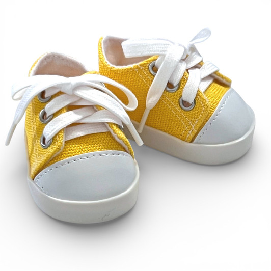 MBD yellow canvas doll sneakers for 18 inch dolls, fully lined and weighted lace-up shoes