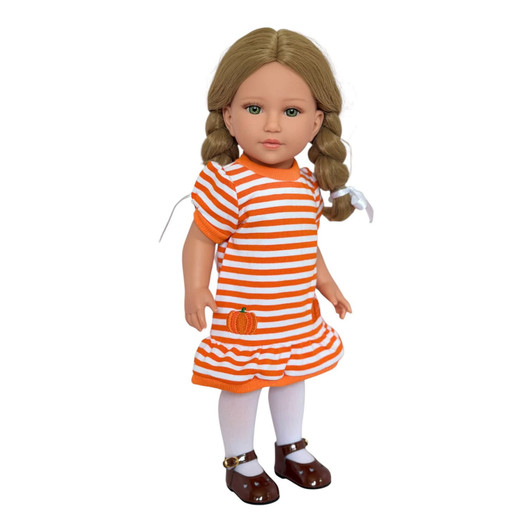 My Brittany’s Fall Favorites advertisement featuring an 18-inch doll wearing an orange-and-white striped fall dress with white tights and brown Mary Jane shoes, posed on an autumn porch surrounded by pumpkins and fall leaves.