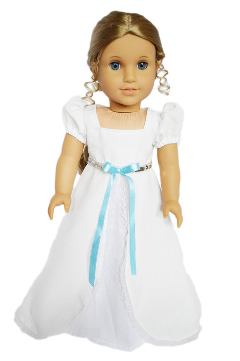 Victorian Gown for 18-Inch Dolls: White Elegance with Blue Sash