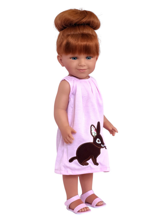Easter Whimsical Pink Dress with Embroidered Brown Bunny for 18 Inch Dolls | Fits American Girl, Kennedy and Friends, Our Generation