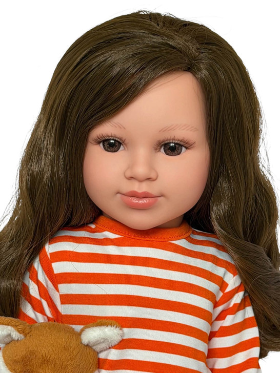 My Brittany's® woodland fox outfit for 18-inch dolls featuring an orange and ivory striped dress with embroidered woodland animals, plush fox critter, ivory knee-high socks, and camel faux fur boots. Displayed on the Kennedy and Friends® F3 sculpt doll. Compatible with Kennedy and Friends®, American Girl®, Our Generation®, and My Life As® dolls.