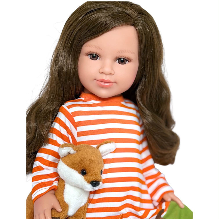 My Brittany's® woodland fox outfit for 18-inch dolls featuring an orange and ivory striped dress with embroidered woodland animals, plush fox critter, ivory knee-high socks, and camel faux fur boots. Displayed on the Kennedy and Friends® F3 sculpt doll. Compatible with Kennedy and Friends®, American Girl®, Our Generation®, and My Life As® dolls.
