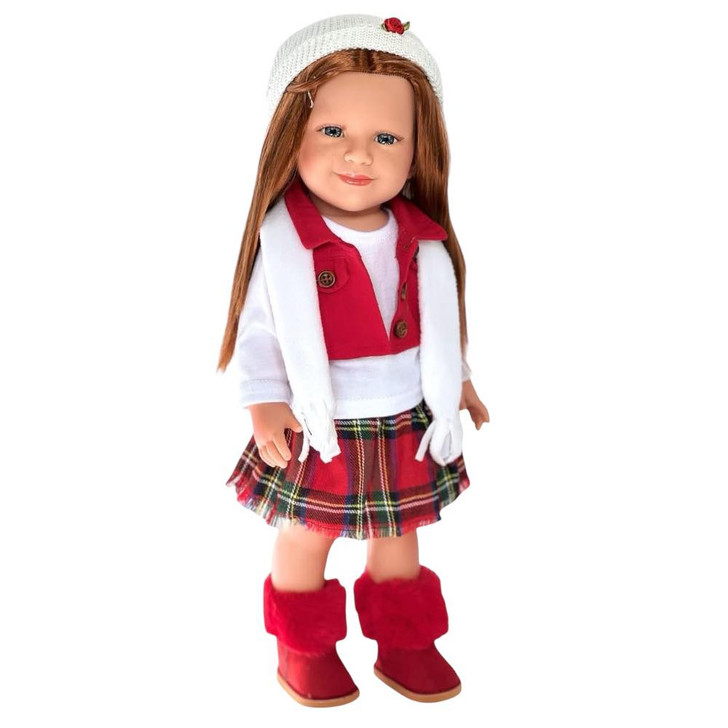 Winter Bliss Outfit for 18-Inch Dolls – Hat, Scarf, Vest, Denim Skirt & Top – Fits Kennedy and Friends™, American Girl™, and More