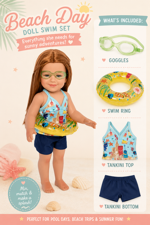 My Brittany's Beach Day Swim Set for 18-Inch Dolls – Tankini, Goggles & Swim Ring